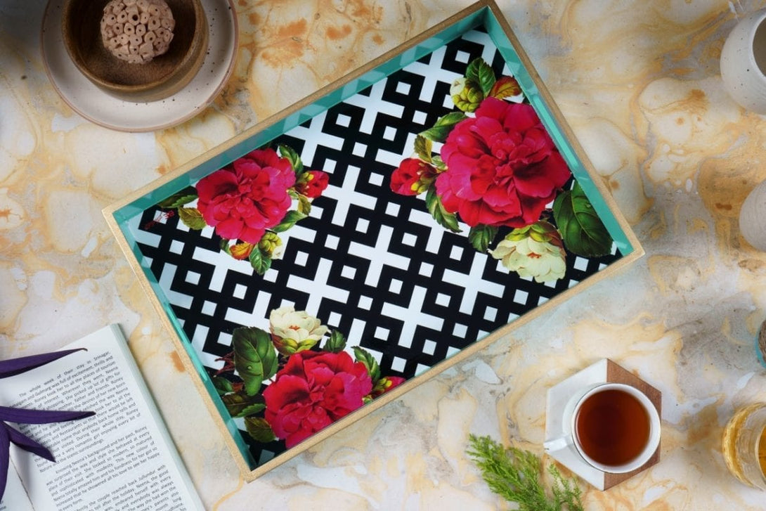 Black & White Floral Tray Set